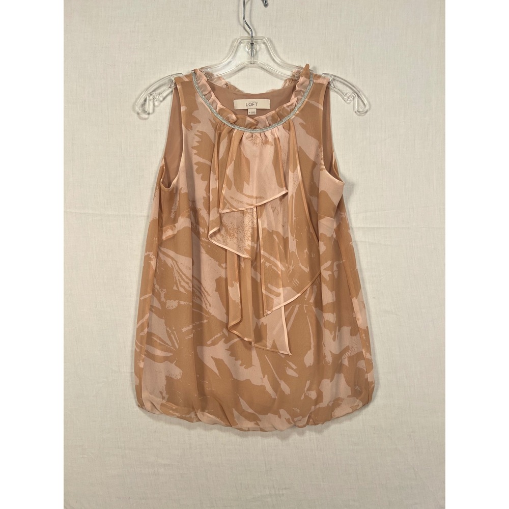Ann Taylor LOFT Peach Abstract Floral Ruffle Metallic Trim Bubble Hem Blouse XS
